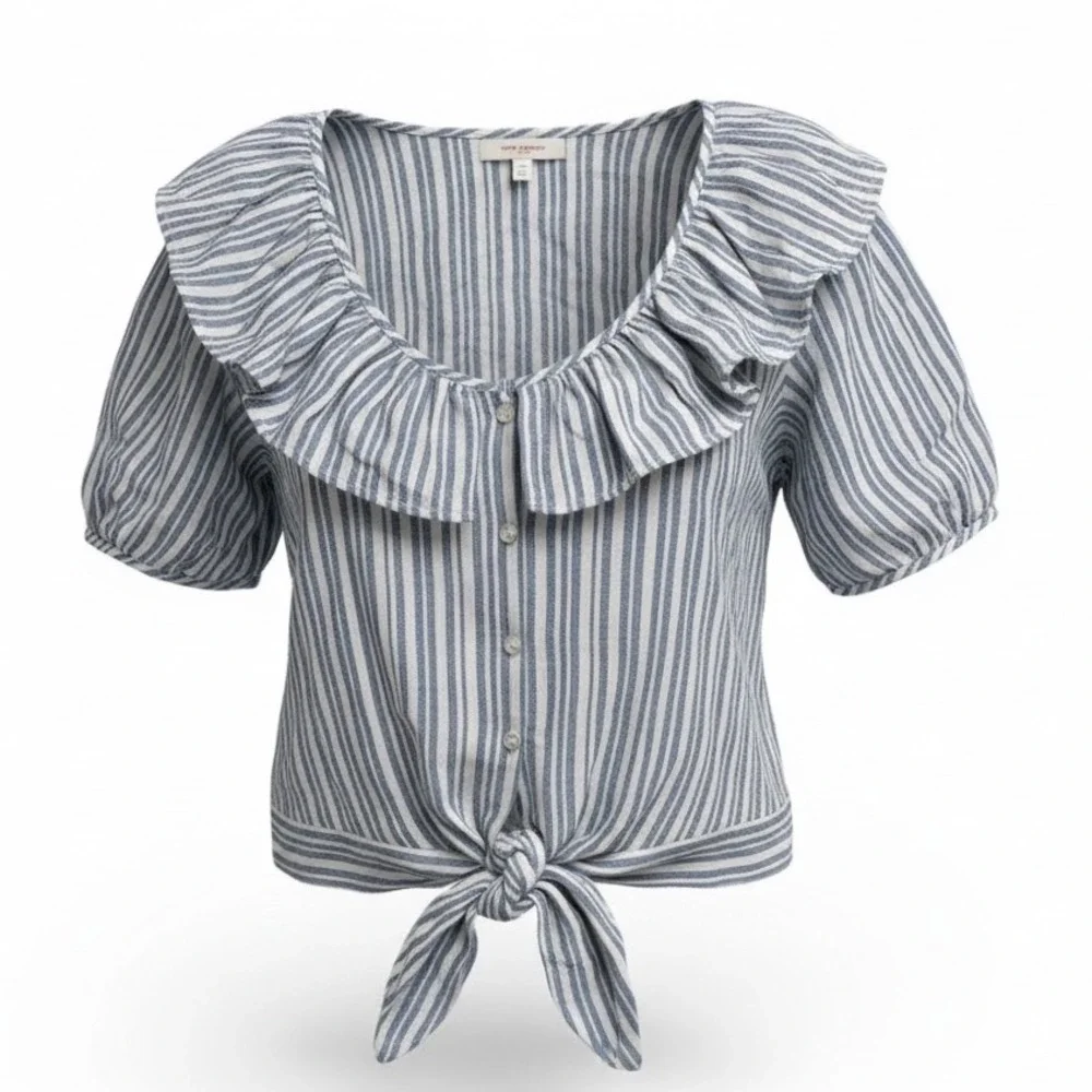 Free People Striped Ruffle Tie Front Blouse Top Blue White Sz XS (J12)